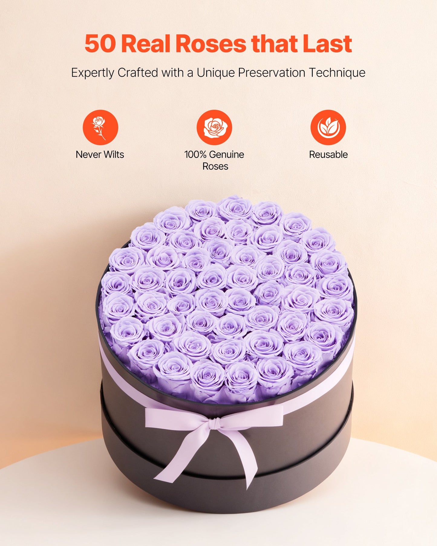 Forever Flowers Preserved Roses Gift | 50 Roses in Round Box | Anniversary, Mother's Day, Valentine's Gift | Lasts 3+ Years