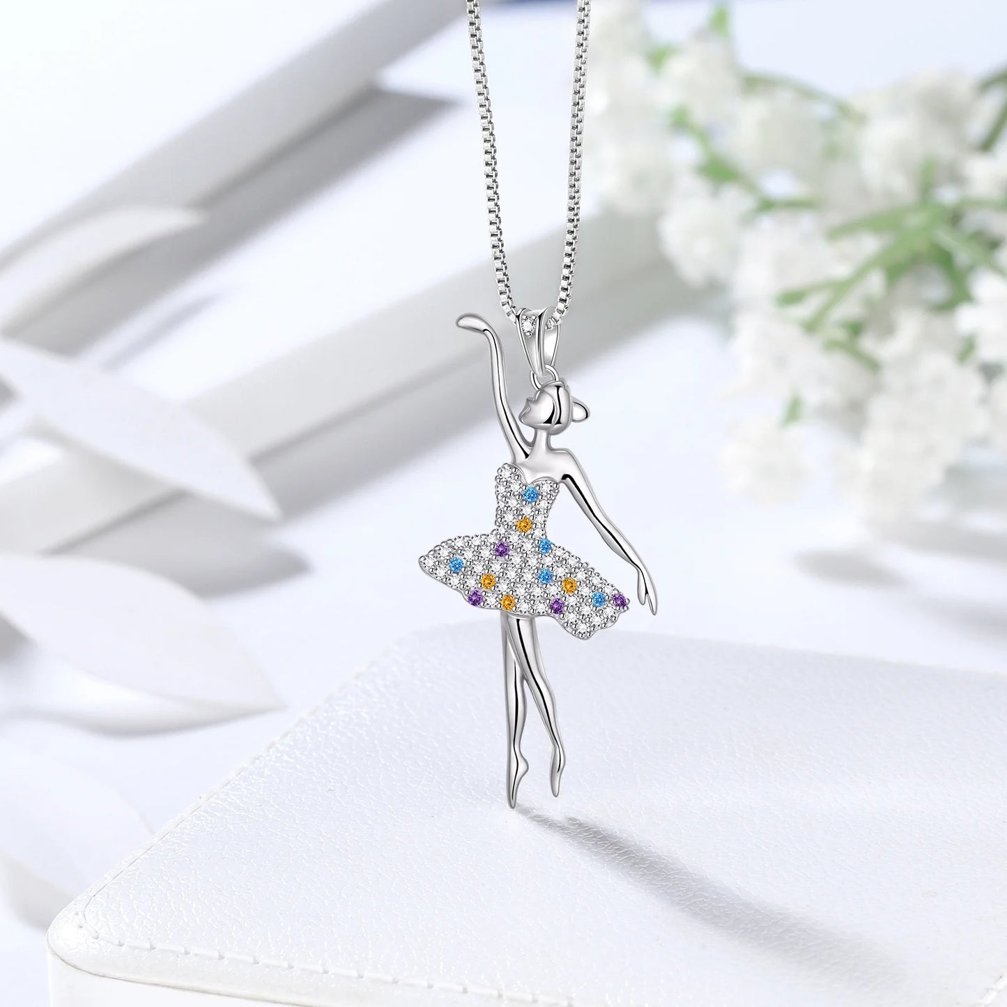 Ballerina Ballet Dancer Pendant Necklace 925 Sterling Silver Multicolor CZ Women Recital Christmas Valentine'S Day Birthday Gifts for Daughter
