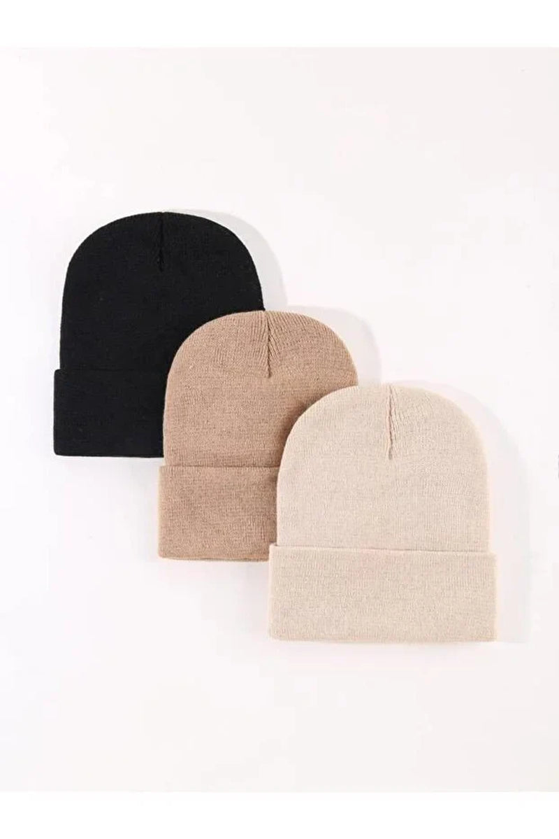 Unisex Foldable Beanie Hat Set – Black, Light Taupe & Stone (3-Pack)