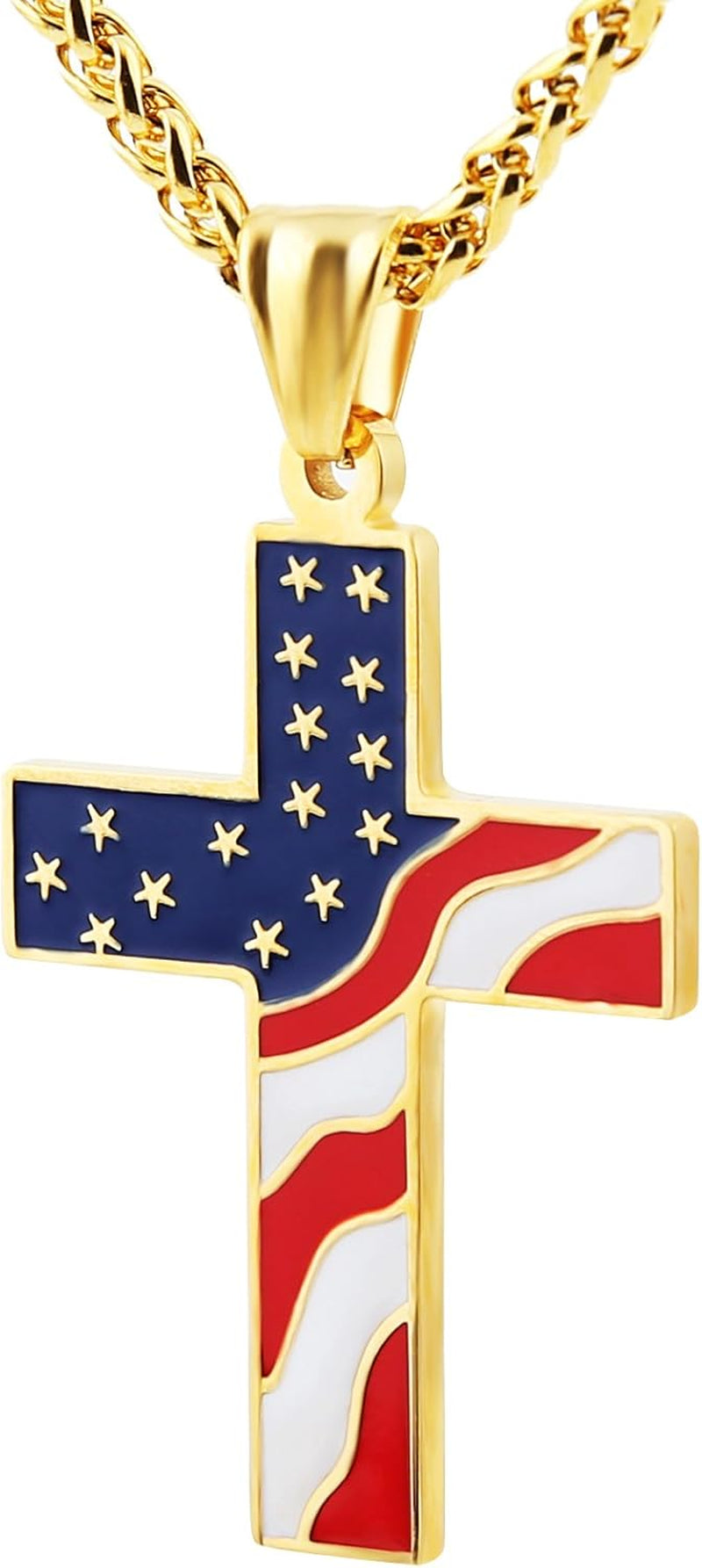 American Flag Patriotic Cross Religious Jewelry Pendant Necklace