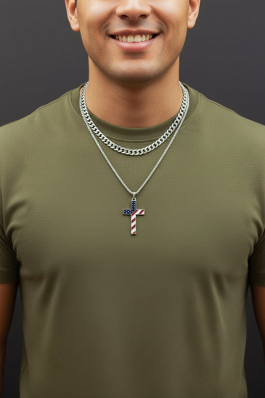 American Flag Patriotic Cross Necklace for Men Stainless Steel Cross Pendant Necklace Religious Jewelry Gifts for Dad Son Brother