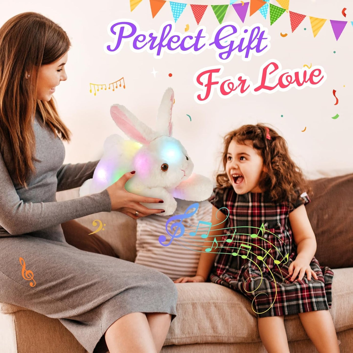 Light up Music Plush Bunny Rabbit Stuffed Animal Rabbit Plushie Toy Glow in the Dark Bedtime Companion Easter Bunny Gift for Kids, 14’’Best Gifts for Easter Day(Led & Musical)