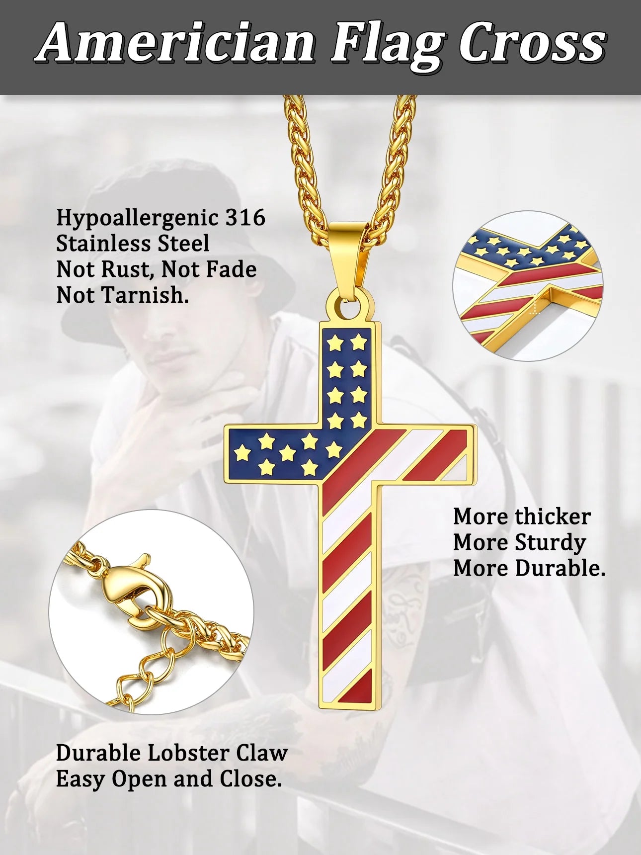 Gold Plated American Flag Patriotic Cross Necklace for Men Stainless Steel Cross Pendant Necklace Religious Jewelry Gifts