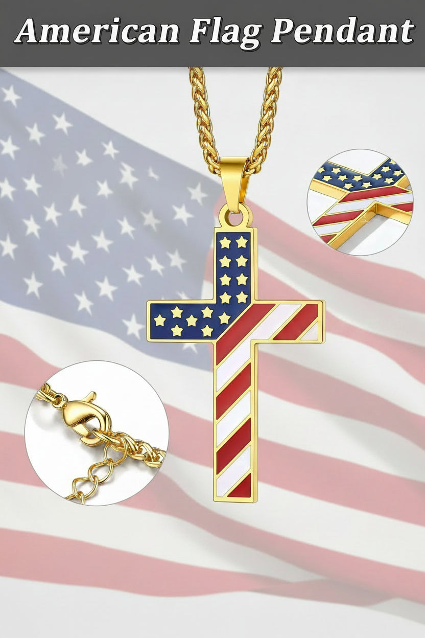 Gold Plated American Flag Patriotic Cross Necklace for Men Stainless Steel Cross Pendant Necklace Religious Jewelry Gifts
