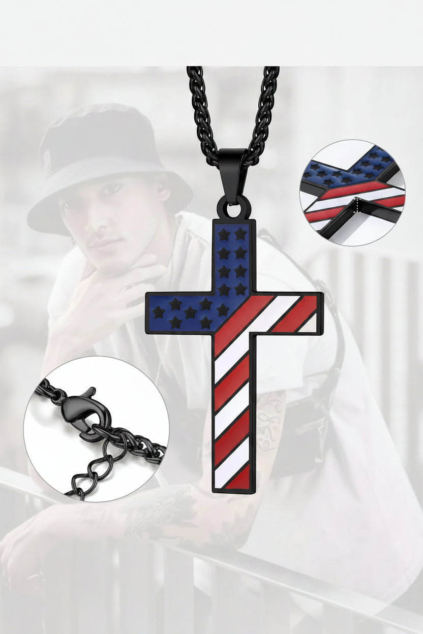 Black American Flag Patriotic Cross Necklace for Men Stainless Steel Cross Pendant Necklace Religious Jewelry Gift for Christmas