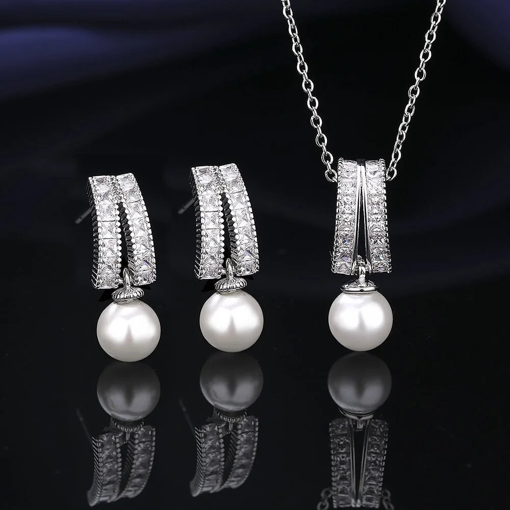 925 Sterling Silver Jewelry Set Tassel Imitation Pearl Clavicle Necklace Inlaid Zircon Women'S Necklace Earrings Elegant Jewelry