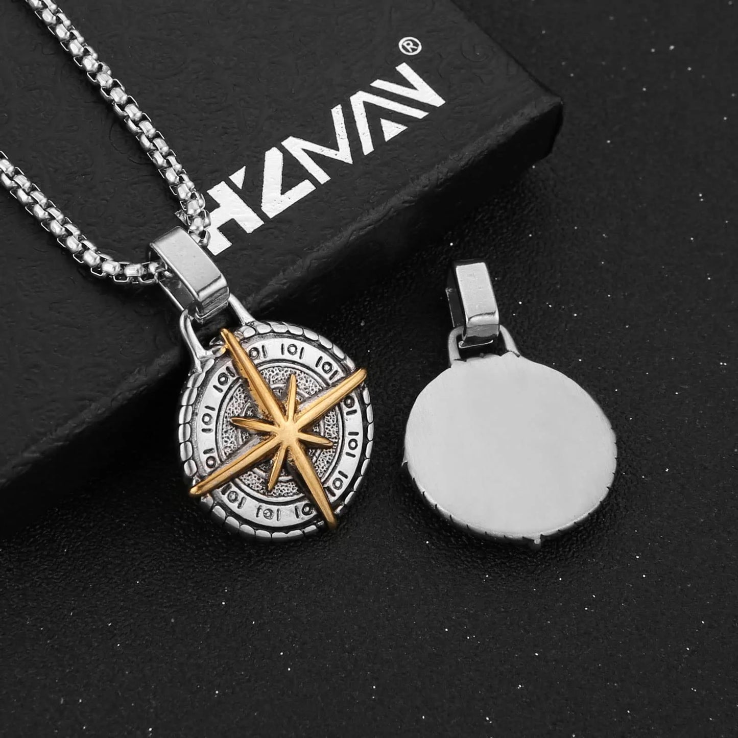 Viking Nautical Compass Necklace for Men Stainless Steel Vintage Sailor Amulet Pendant Jewelry Gift with 24 Inch Chain (Silver & Gold)