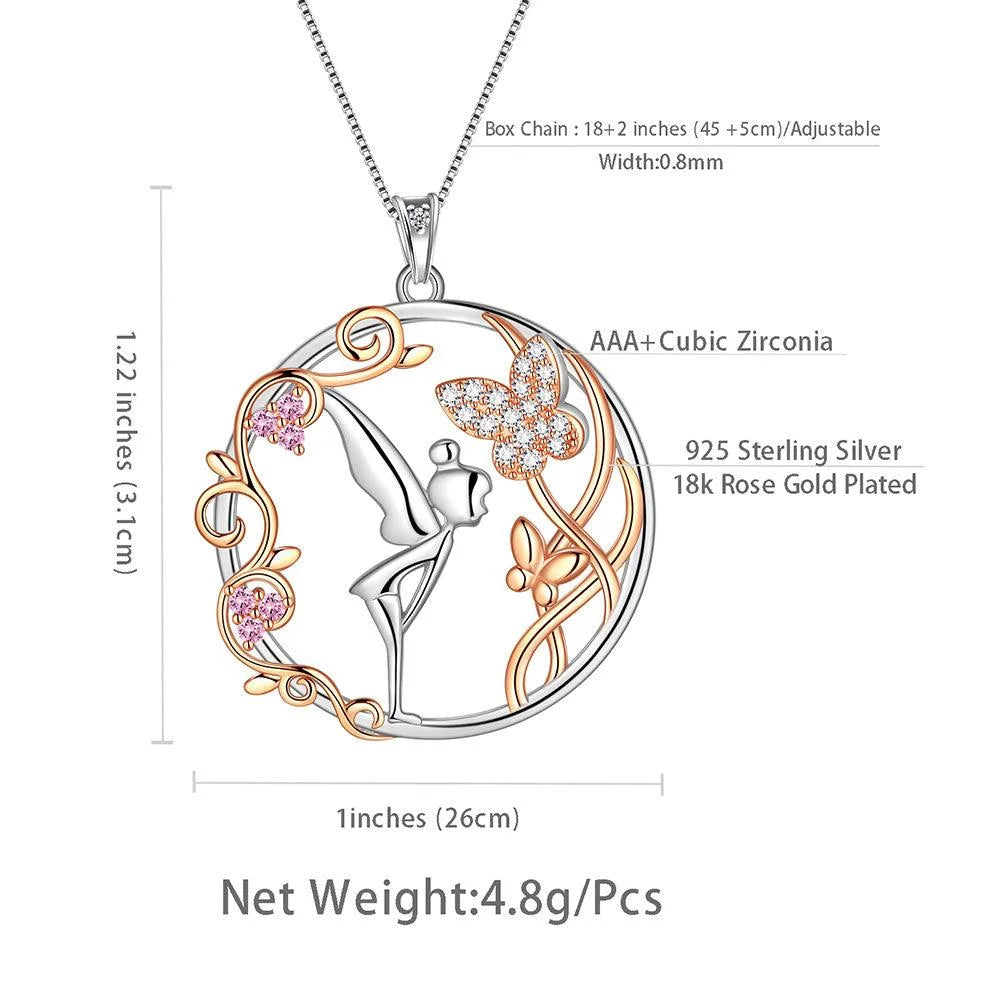 925 Sterling Silver Fairy Pendant Necklace Angel Butterfly Pink Crystal Jewelry Women Christmas Valentine'S Day Birthday Gifts for Daughter