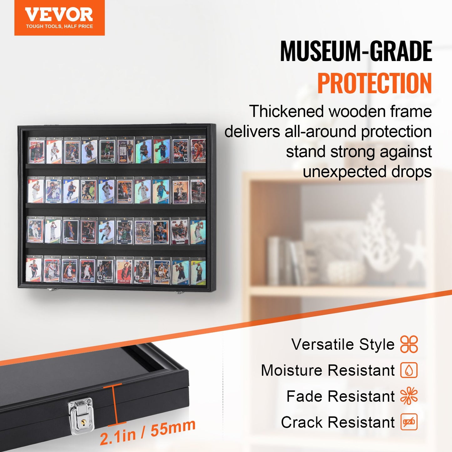 36-Card Graded Sports Display Case – Lockable Wall Cabinet with 98% UV Protection, Clear View PC Glass (Baseball, Football, Basketball, Hockey Cards)