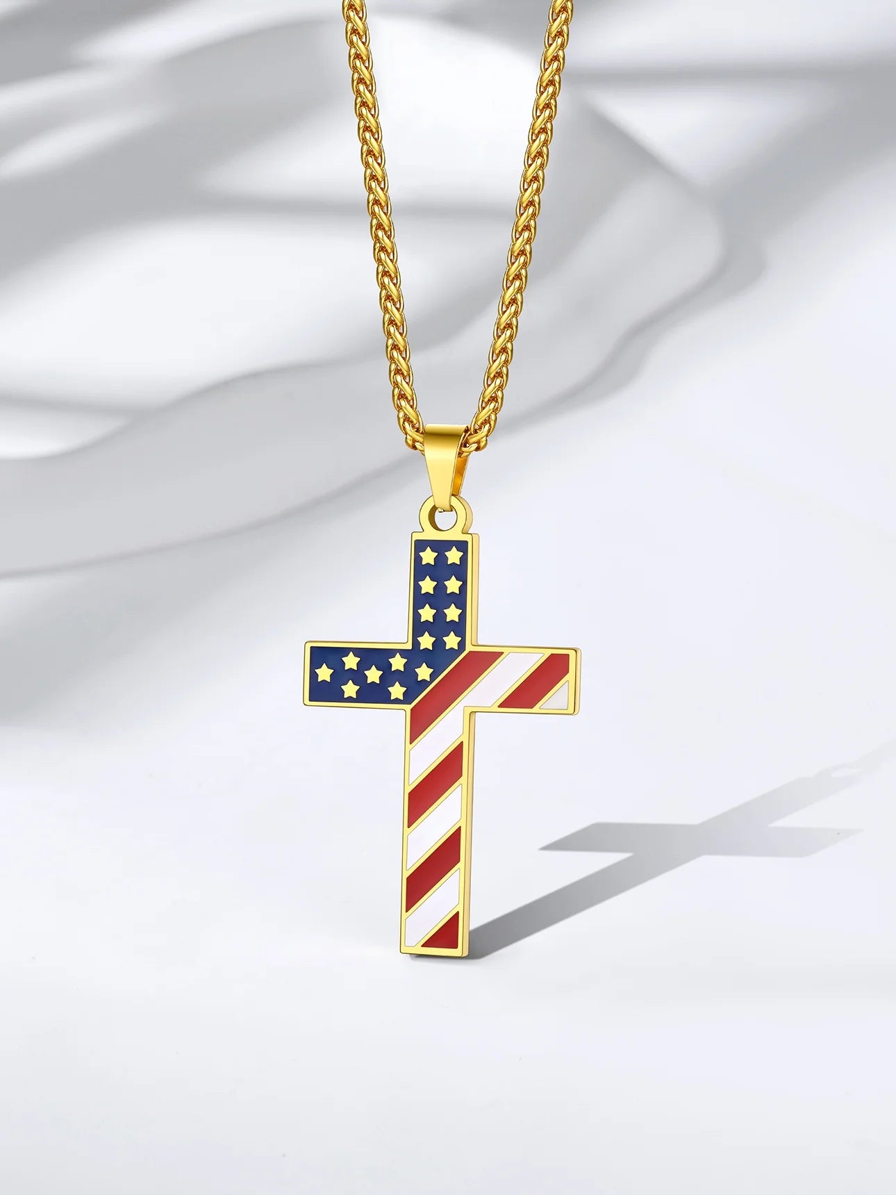 Gold Plated American Flag Patriotic Cross Necklace for Men Stainless Steel Cross Pendant Necklace Religious Jewelry Gifts