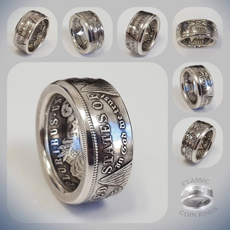 Patriotic statement ring with detailed metal coin inspired design
