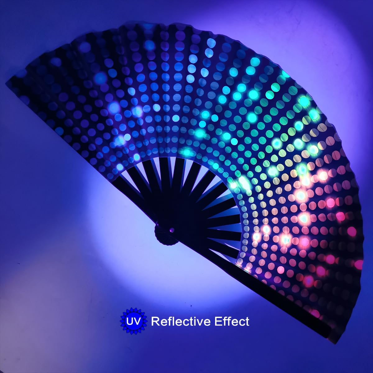 Folding Fan UV Glow Rave Bamboo Hand Fan Carnival Decoration Dancing Party Wedding Night Club Concert Tai Chi Kung Fu Large Polka Dots