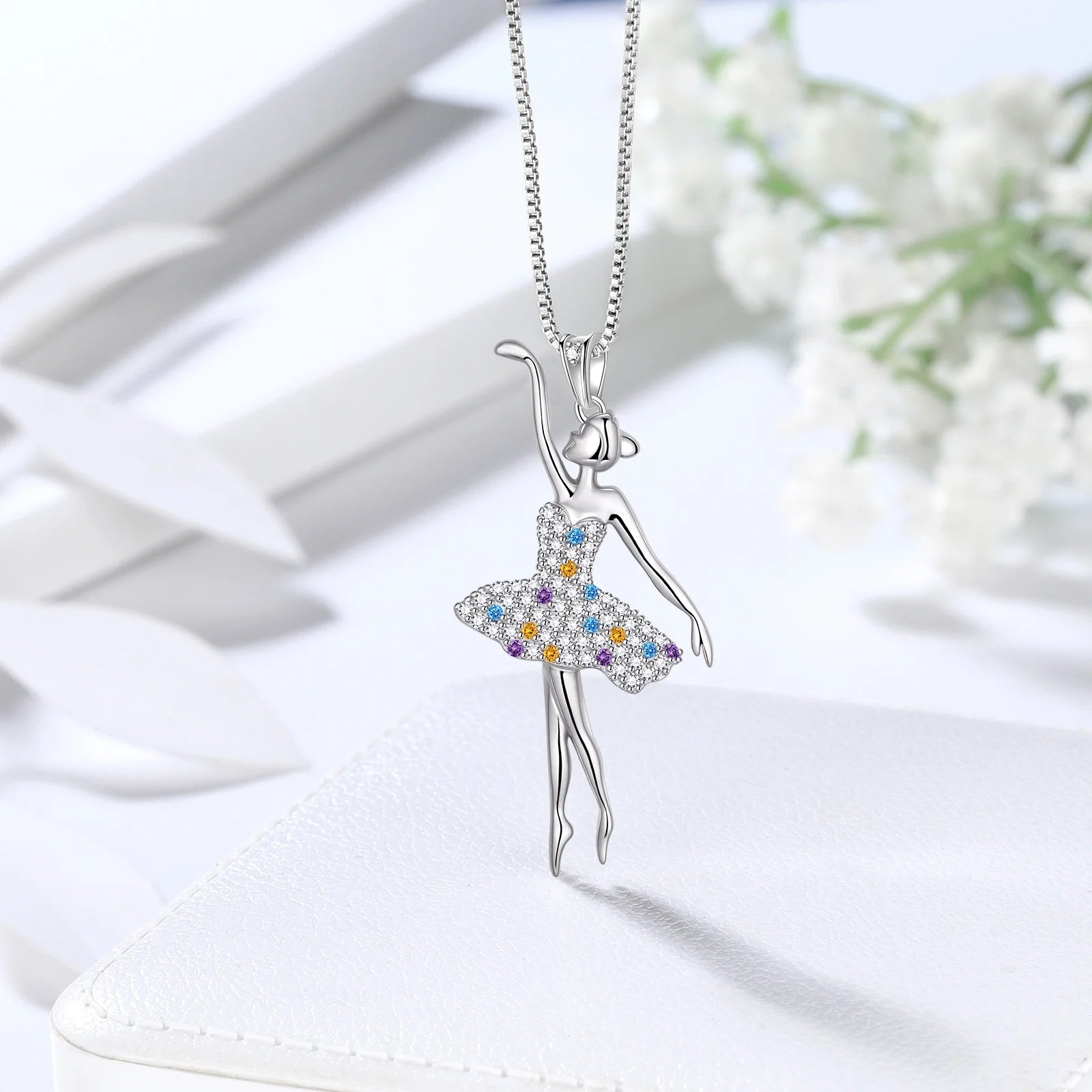 Ballerina Ballet Dancer Pendant Necklace 925 Sterling Silver Multicolor CZ Women Recital Christmas Valentine'S Day Birthday Gifts for Daughter