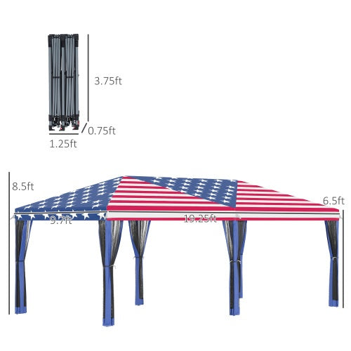 Patriotic 10 X 20 Canopy Tent With Netting, Heavy Duty Instant Sun Shelter, Large Tents For Parties With Carry Bag For Outdoor, Garden, Patio, American Flag