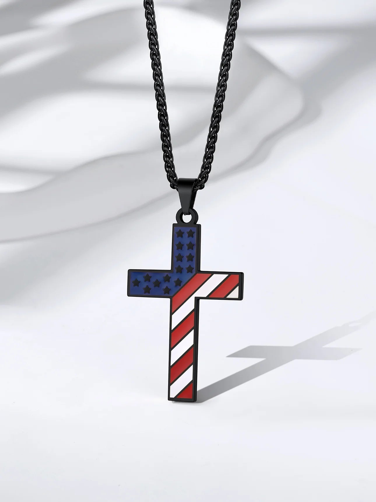 Black American Flag Patriotic Cross Necklace for Men Stainless Steel Cross Pendant Necklace Religious Jewelry Gift for Christmas