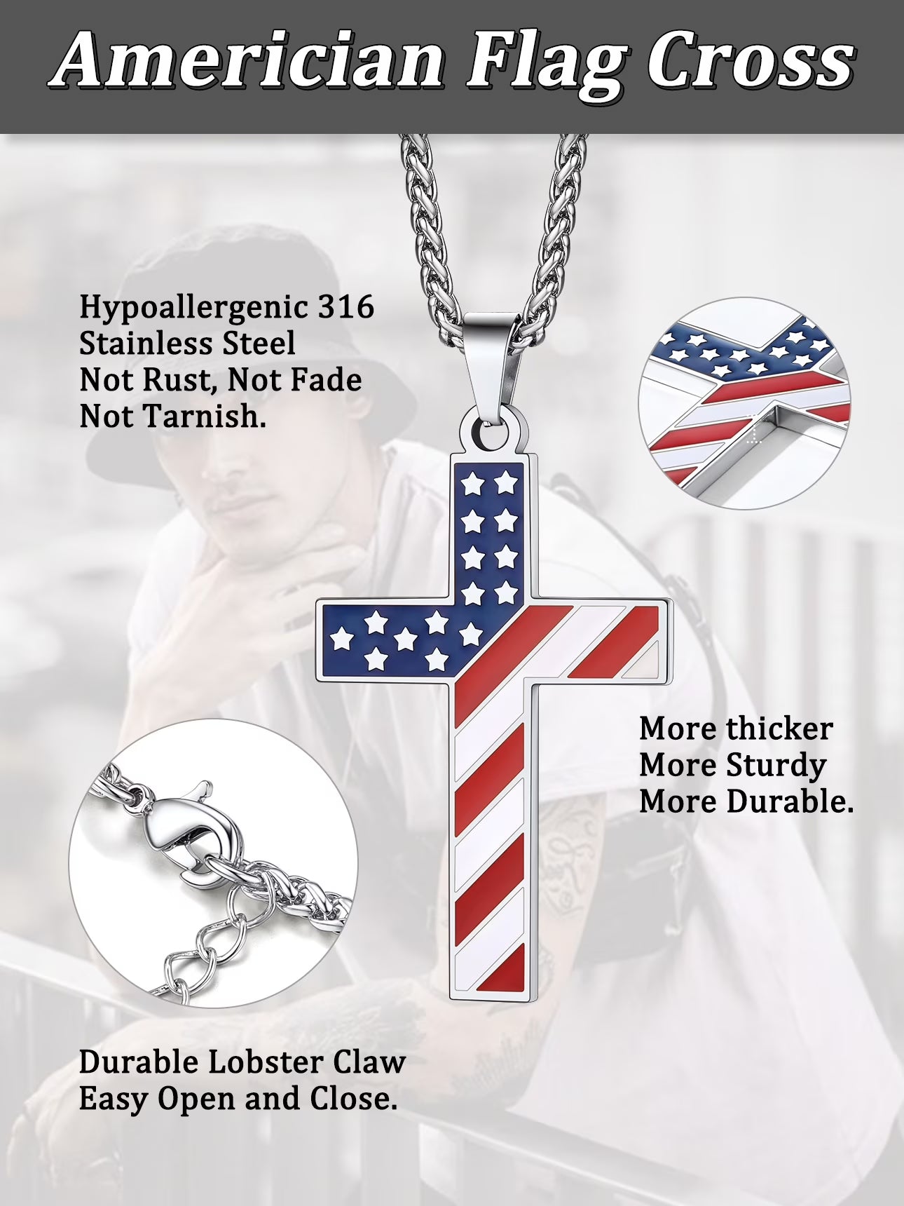 American Flag Patriotic Cross Necklace for Men Stainless Steel Cross Pendant Necklace Religious Jewelry Gifts for Dad Son Brother