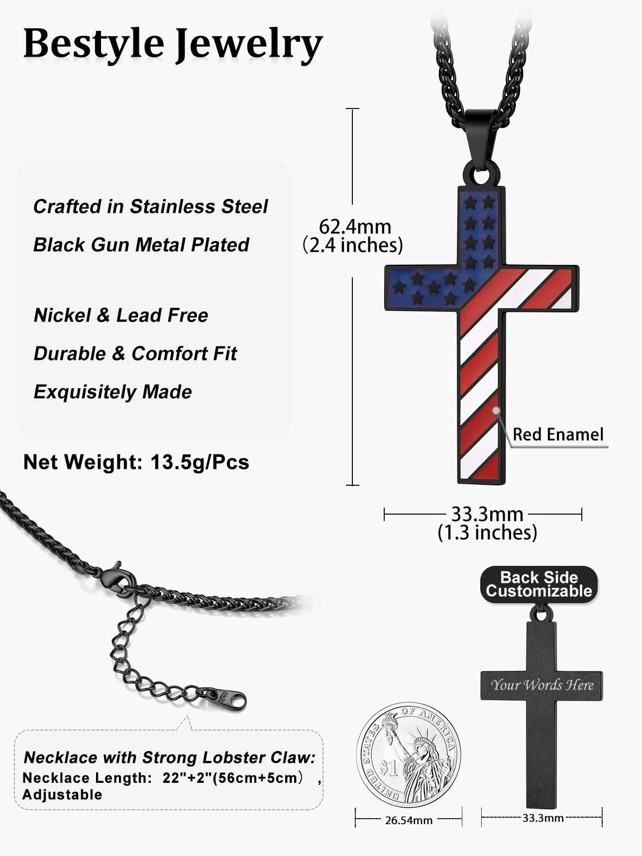 Black American Flag Patriotic Cross Necklace for Men Stainless Steel Cross Pendant Necklace Religious Jewelry Gift for Christmas