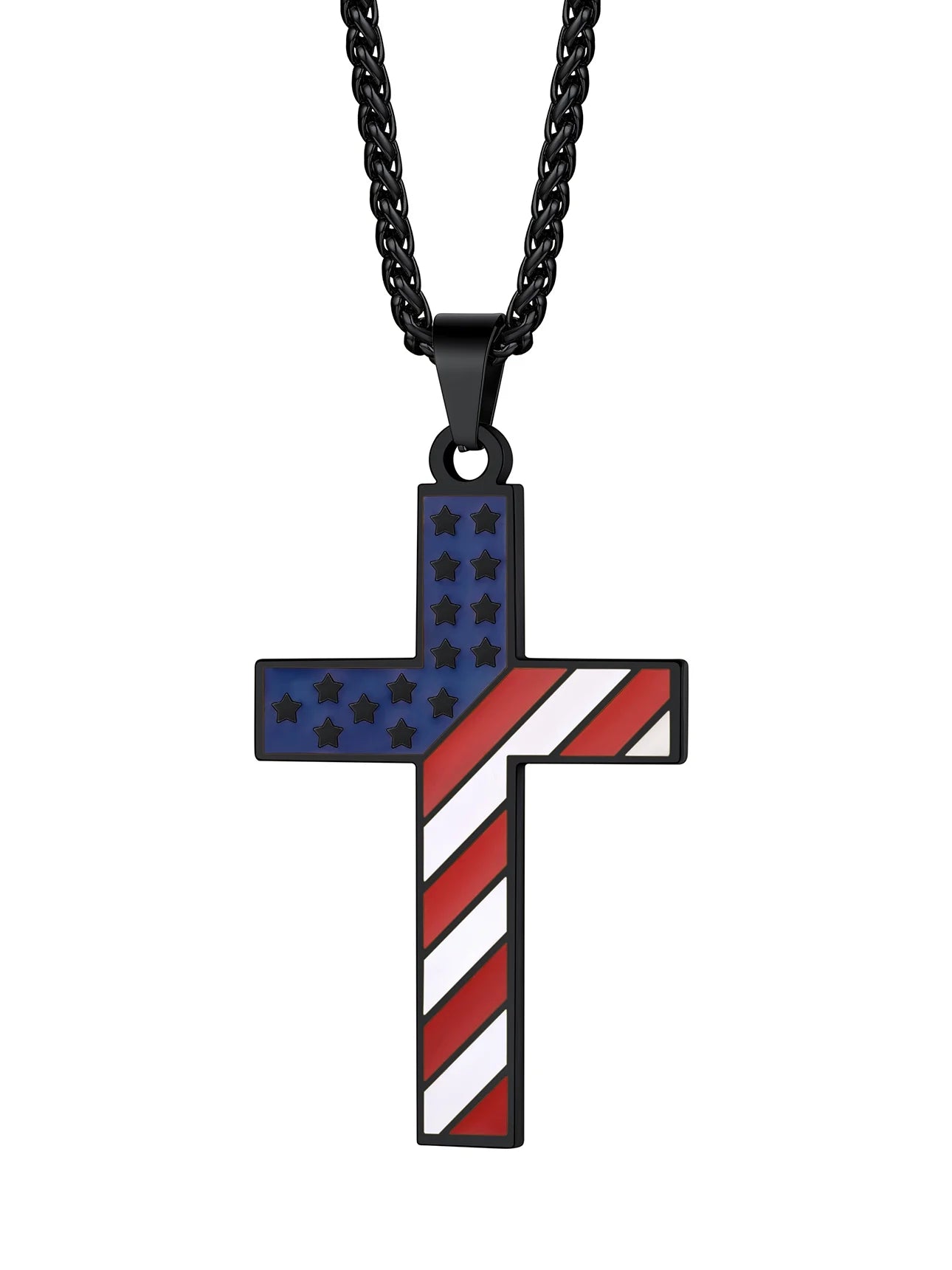Black American Flag Patriotic Cross Necklace for Men Stainless Steel Cross Pendant Necklace Religious Jewelry Gift for Christmas