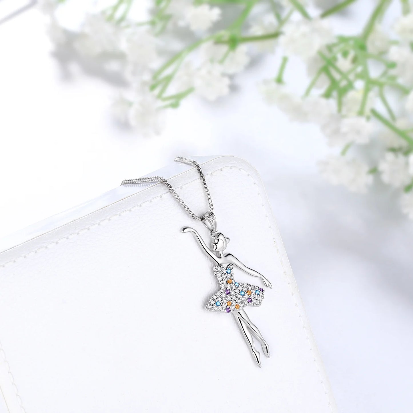 Ballerina Ballet Dancer Pendant Necklace 925 Sterling Silver Multicolor CZ Women Recital Christmas Valentine'S Day Birthday Gifts for Daughter