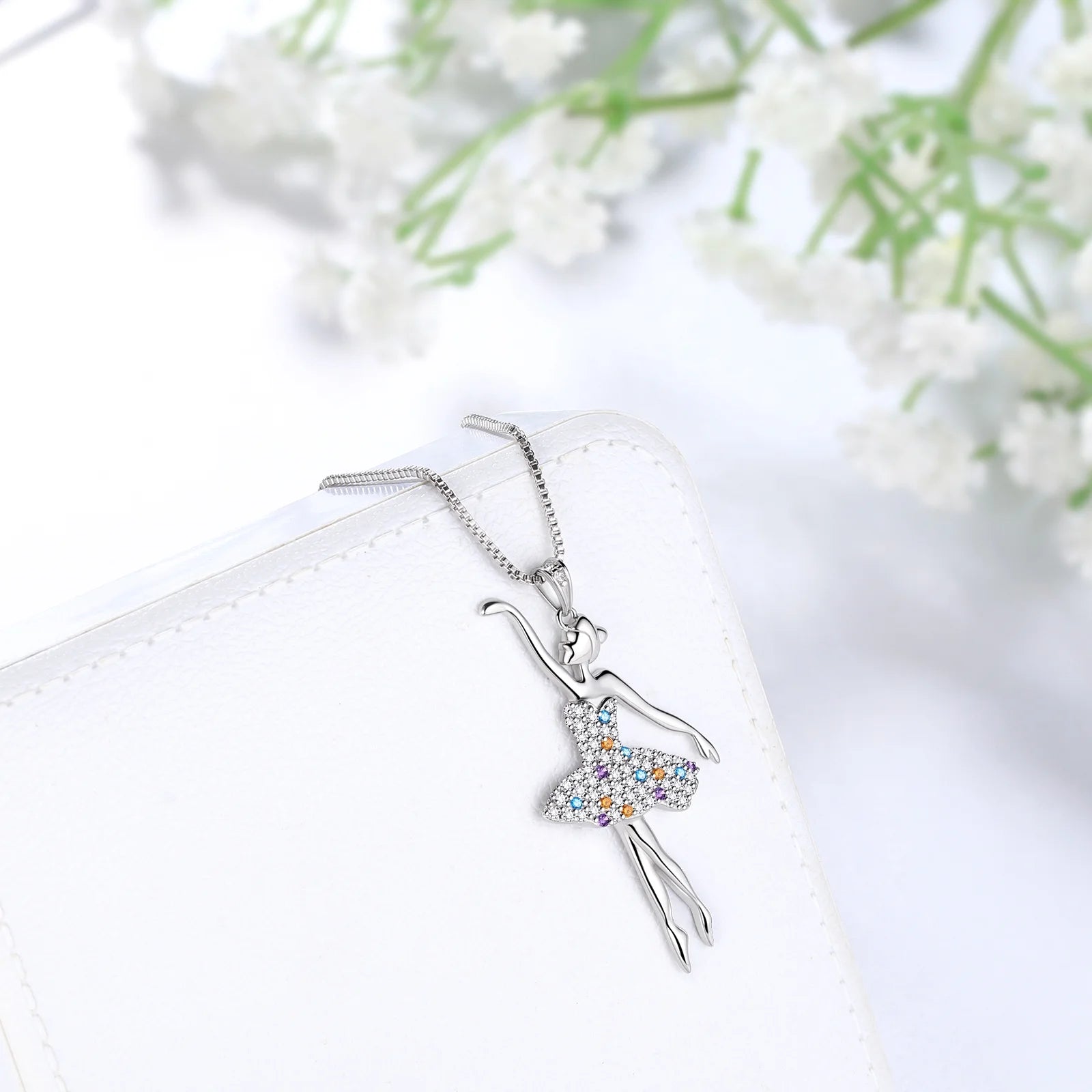 Ballerina Ballet Dancer Pendant Necklace 925 Sterling Silver Multicolor CZ Women Recital Christmas Valentine'S Day Birthday Gifts for Daughter