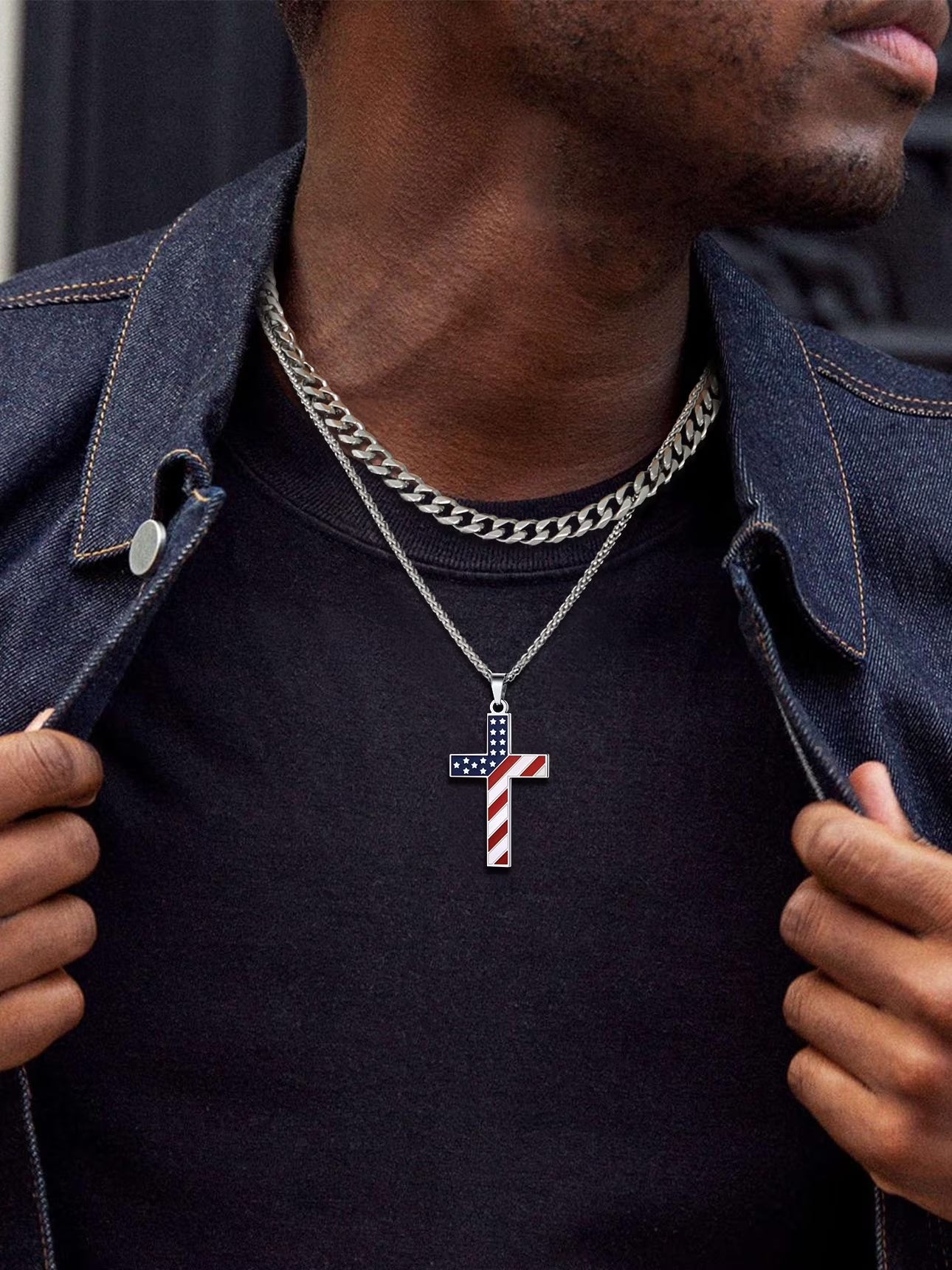 American Flag Patriotic Cross Necklace for Men Stainless Steel Cross Pendant Necklace Religious Jewelry Gifts for Dad Son Brother