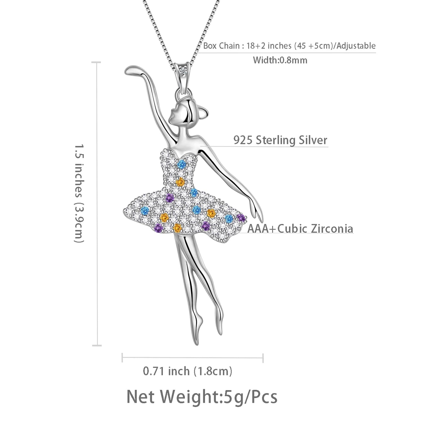Ballerina Ballet Dancer Pendant Necklace 925 Sterling Silver Multicolor CZ Women Recital Christmas Valentine'S Day Birthday Gifts for Daughter