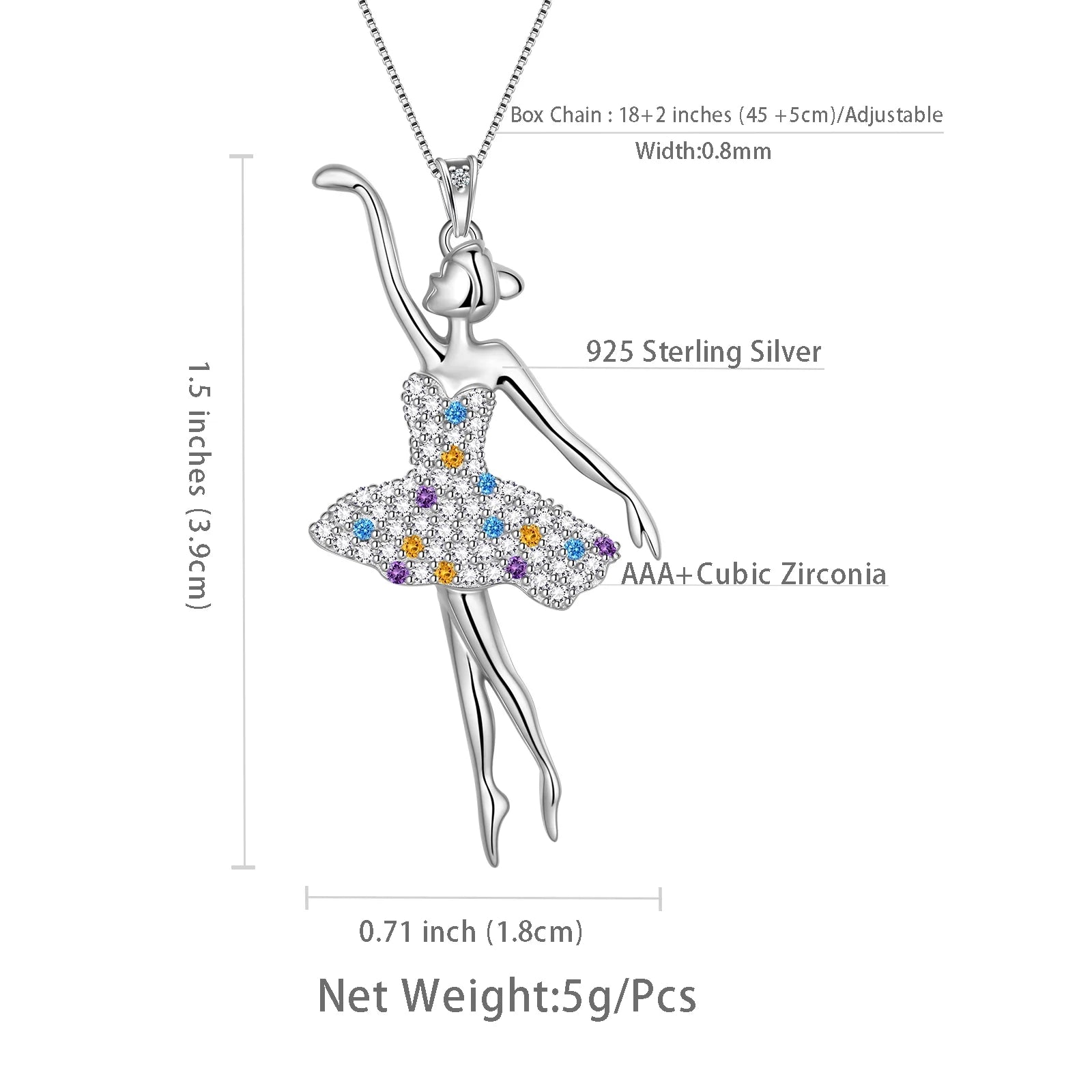 Ballerina Ballet Dancer Pendant Necklace 925 Sterling Silver Multicolor CZ Women Recital Christmas Valentine'S Day Birthday Gifts for Daughter