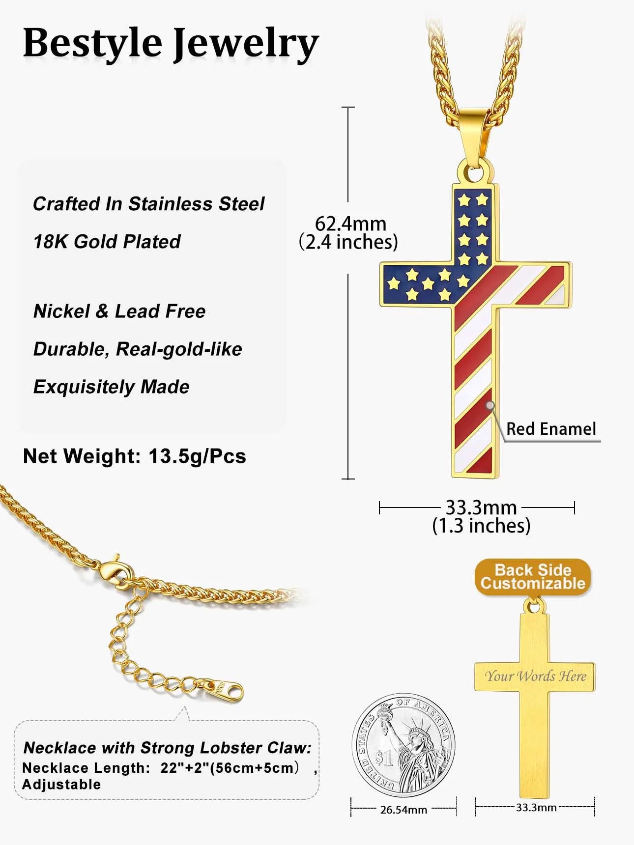 Gold Plated American Flag Patriotic Cross Necklace for Men Stainless Steel Cross Pendant Necklace Religious Jewelry Gifts