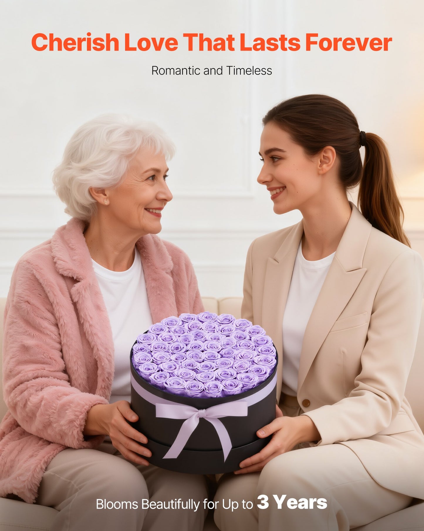 Forever Flowers Preserved Roses Gift | 50 Roses in Round Box | Anniversary, Mother's Day, Valentine's Gift | Lasts 3+ Years
