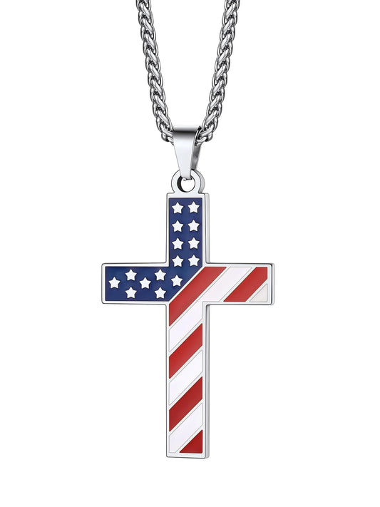 American Flag Patriotic Cross Necklace for Men Stainless Steel Cross Pendant Necklace Religious Jewelry Gifts for Dad Son Brother