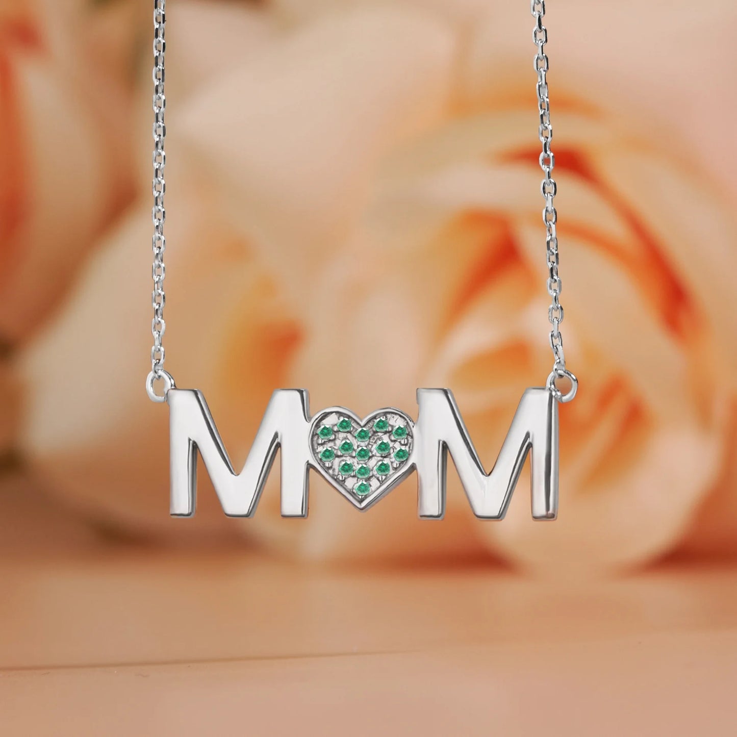 MOM Pendant Necklace - Emerald - May Birthstone in 18K White Gold over Sterling Silver