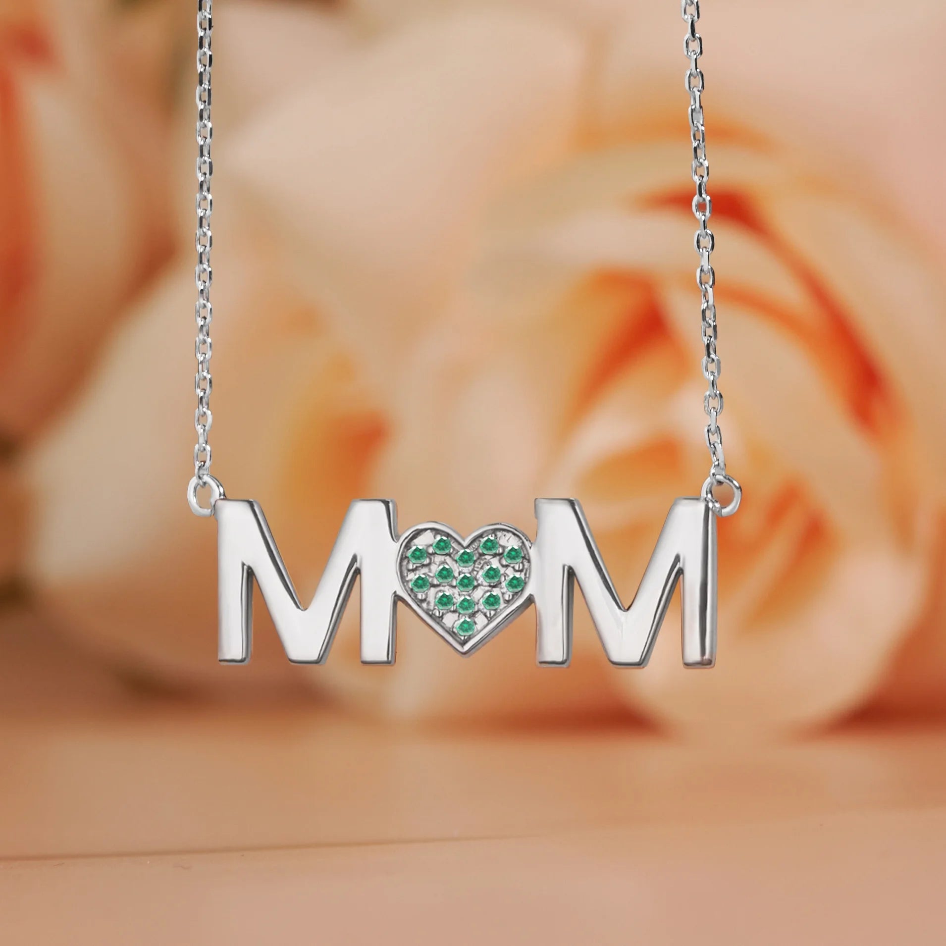 MOM Pendant Necklace - Emerald - May Birthstone in 18K White Gold over Sterling Silver