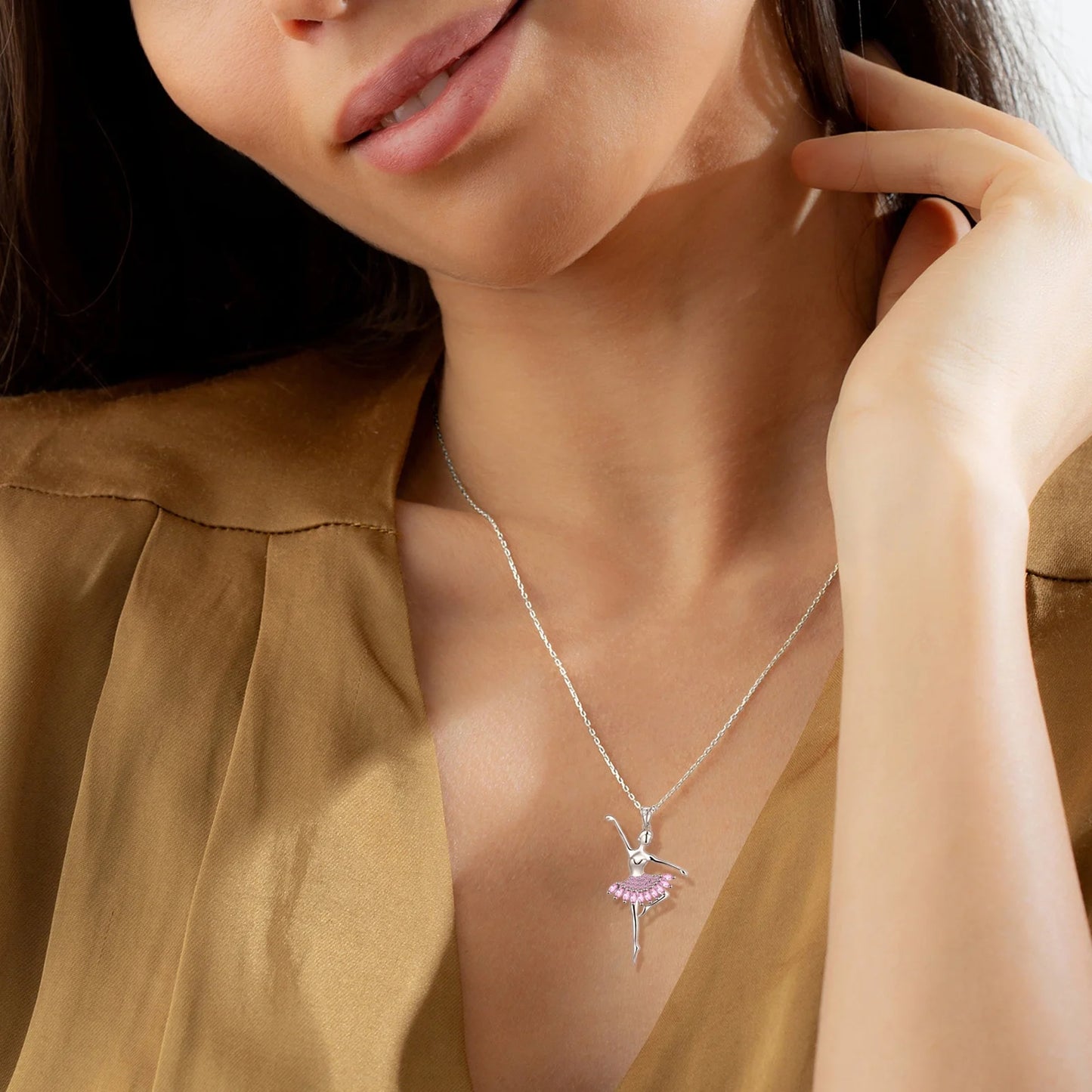 Pink Ballerina Dancer Pendant Necklace October Birthstone CZ 925 Sterling Silver Women Christmas Valentine'S Day Birthday Gifts for Daughter
