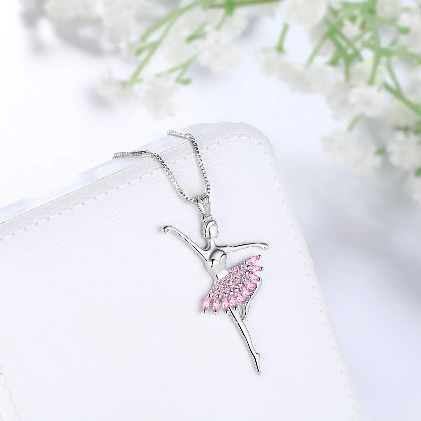 Pink Ballerina Dancer Pendant Necklace October Birthstone CZ 925 Sterling Silver Women Christmas Valentine'S Day Birthday Gifts for Daughter