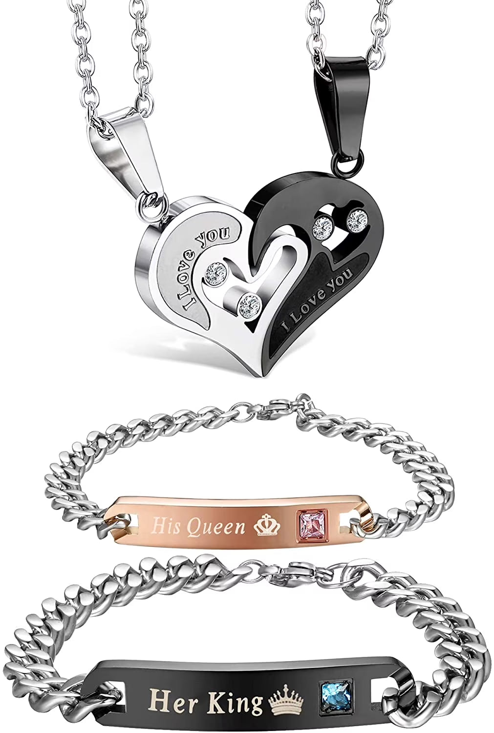 4Pcs Couple Necklace Bracelets Matching Set for Women Men Love Heart Pendant Necklace His & Hers Bracelets Couple Gift