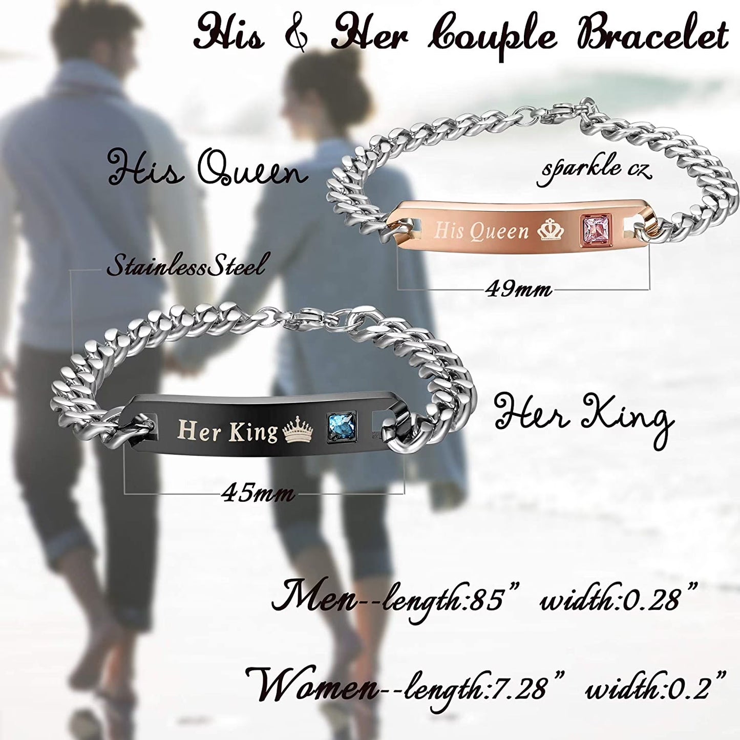4Pcs Couple Necklace Bracelets Matching Set for Women Men Love Heart Pendant Necklace His & Hers Bracelets Couple Gift