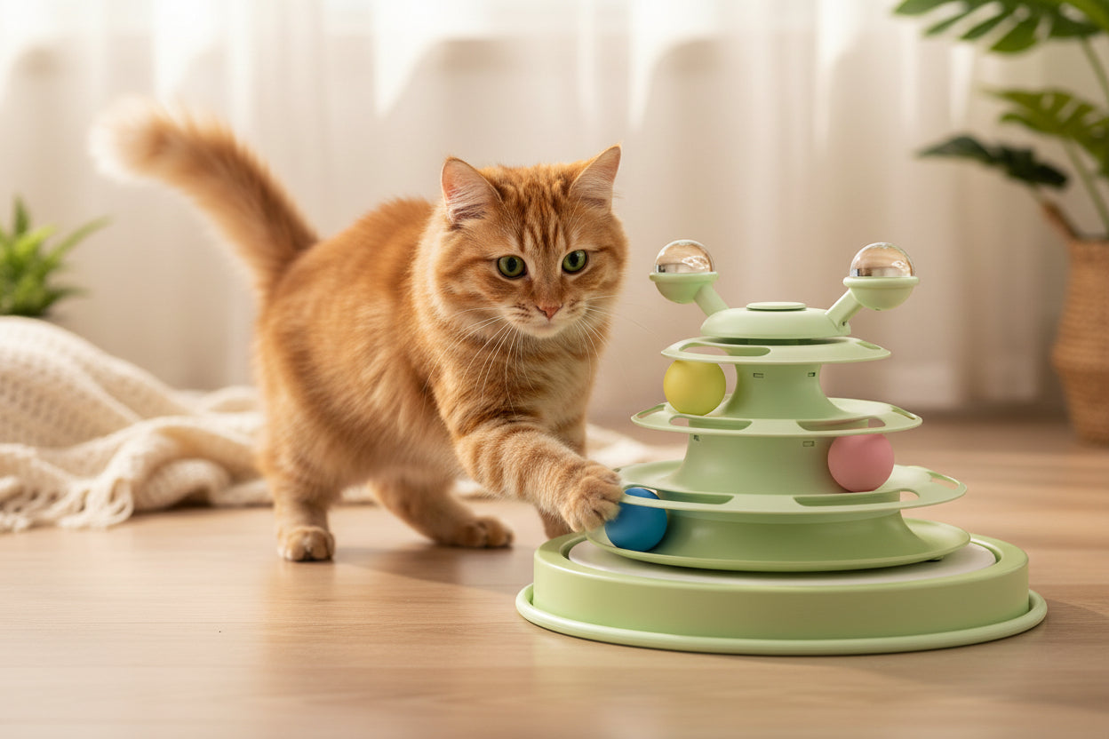 4-level interactive cat toy tower with rolling ball tracks