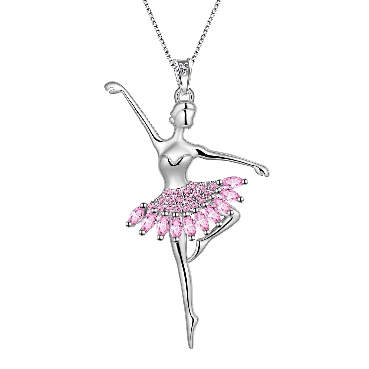 Pink Ballerina Dancer Pendant Necklace October Birthstone CZ 925 Sterling Silver Women Christmas Valentine'S Day Birthday Gifts for Daughter