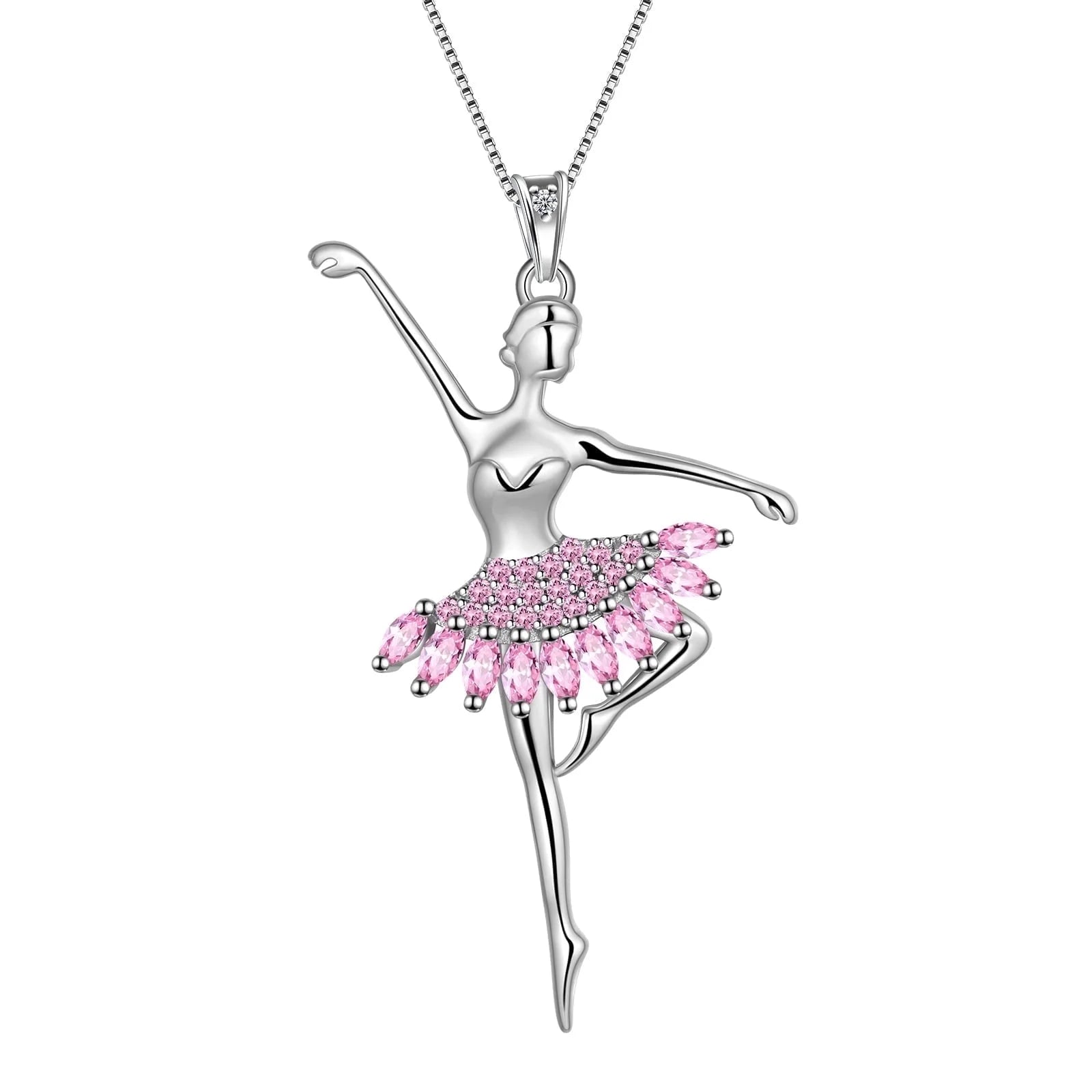 Pink Ballerina Dancer Pendant Necklace October Birthstone CZ 925 Sterling Silver Women Christmas Valentine'S Day Birthday Gifts for Daughter
