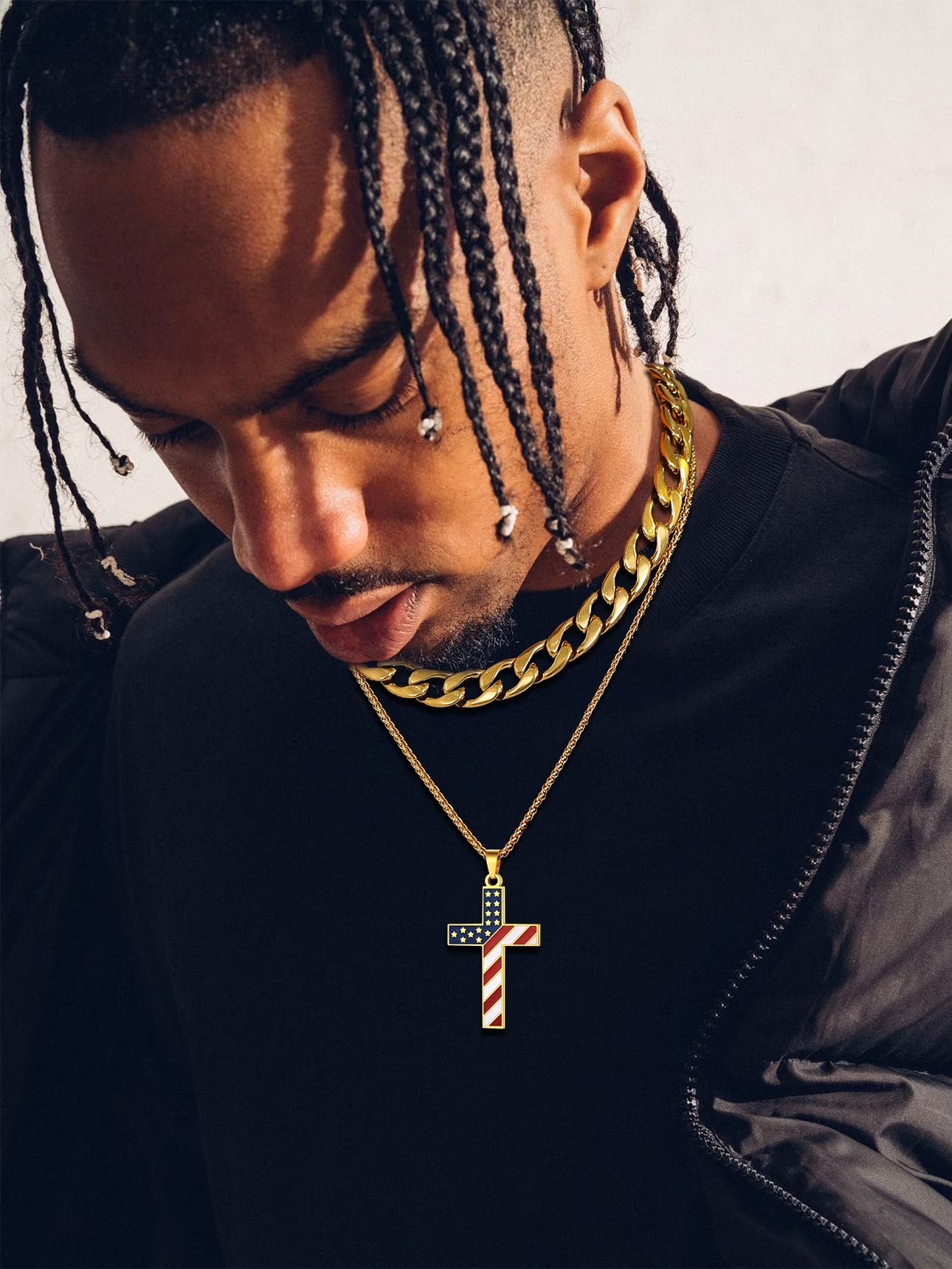 Gold Plated American Flag Patriotic Cross Necklace for Men Stainless Steel Cross Pendant Necklace Religious Jewelry Gifts