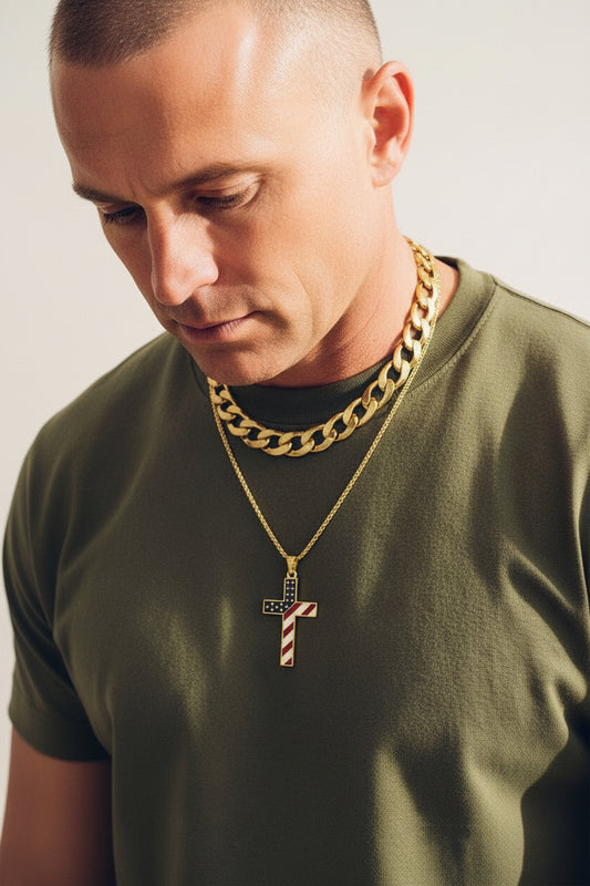 Gold Plated American Flag Patriotic Cross Necklace for Men Stainless Steel Cross Pendant Necklace Religious Jewelry Gifts