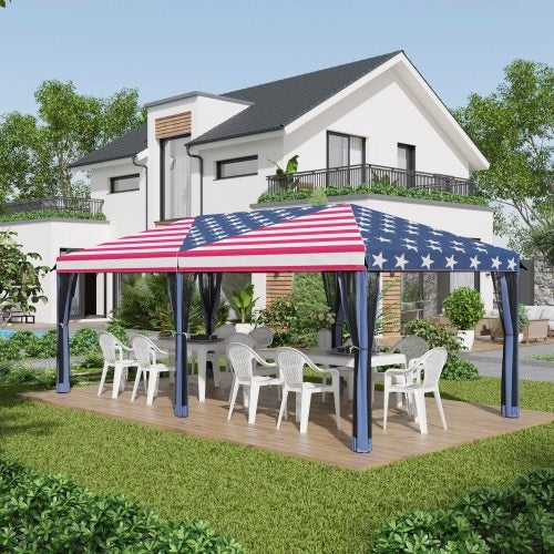 Patriotic 10 X 20 Canopy Tent With Netting, Heavy Duty Instant Sun Shelter, Large Tents For Parties With Carry Bag For Outdoor, Garden, Patio, American Flag