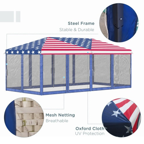 Patriotic 10 X 20 Canopy Tent With Netting, Heavy Duty Instant Sun Shelter, Large Tents For Parties With Carry Bag For Outdoor, Garden, Patio, American Flag
