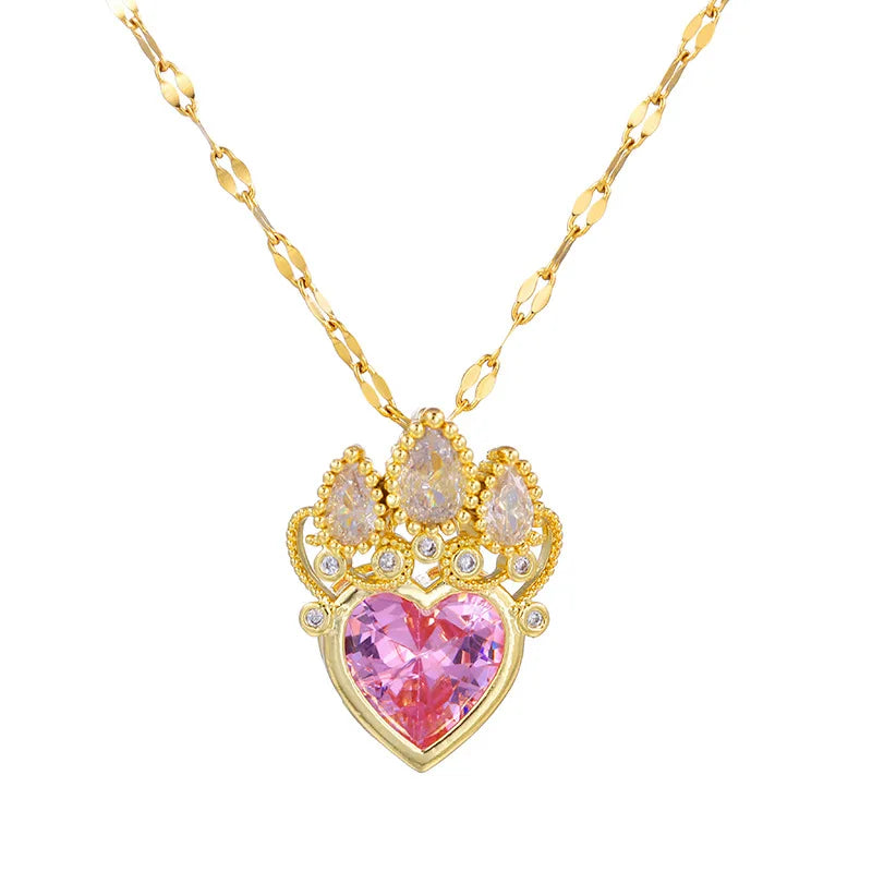 Pink Heart-Shaped Crown Necklace; Fashionable Pendant Necklace for Women, Suitable for Everyday Wear, Parties, and as a Gift.
