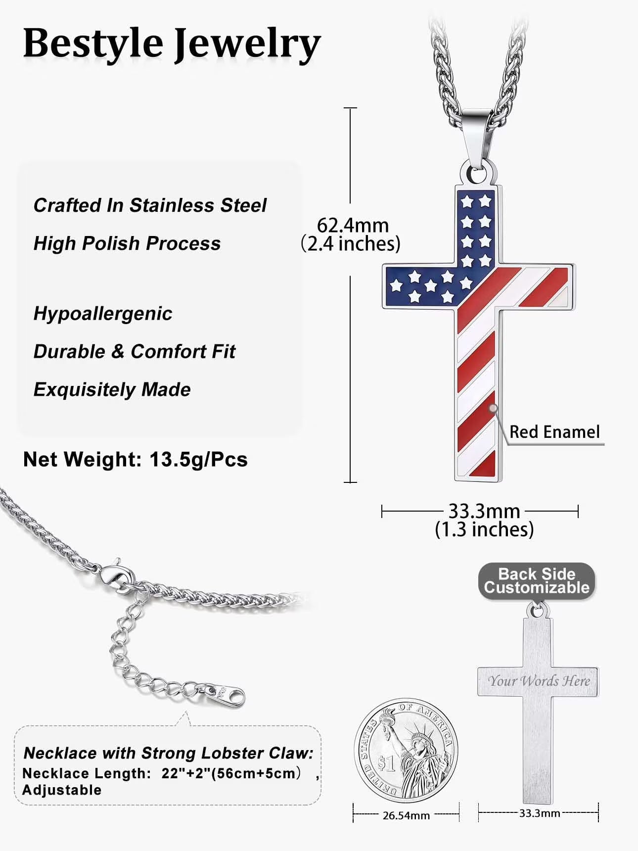 American Flag Patriotic Cross Necklace for Men Stainless Steel Cross Pendant Necklace Religious Jewelry Gifts for Dad Son Brother