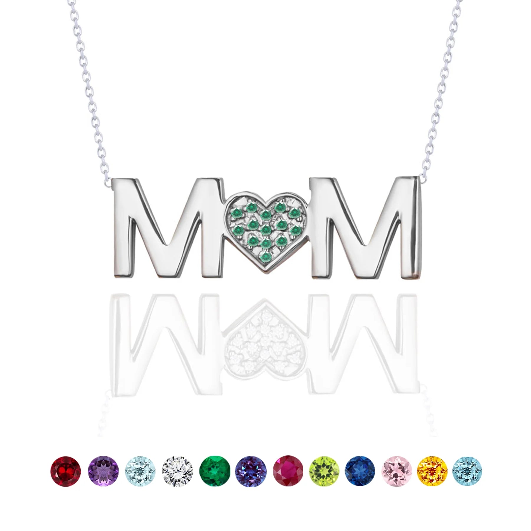 MOM Pendant Necklace - Emerald - May Birthstone in 18K White Gold over Sterling Silver