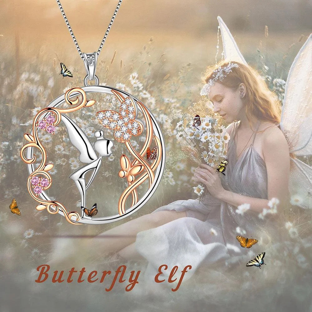 925 Sterling Silver Fairy Pendant Necklace Angel Butterfly Pink Crystal Jewelry Women Christmas Valentine'S Day Birthday Gifts for Daughter