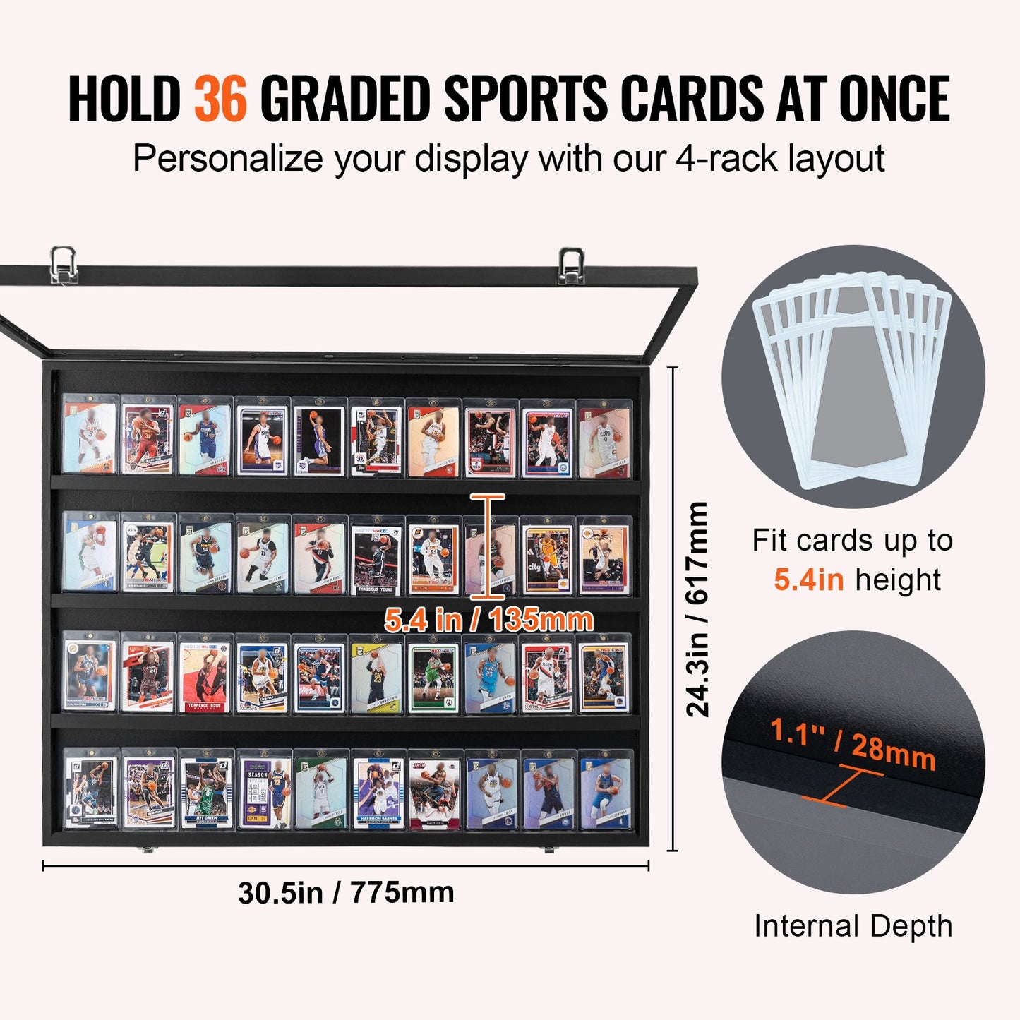 36-Card Graded Sports Display Case – Lockable Wall Cabinet with 98% UV Protection, Clear View PC Glass (Baseball, Football, Basketball, Hockey Cards)