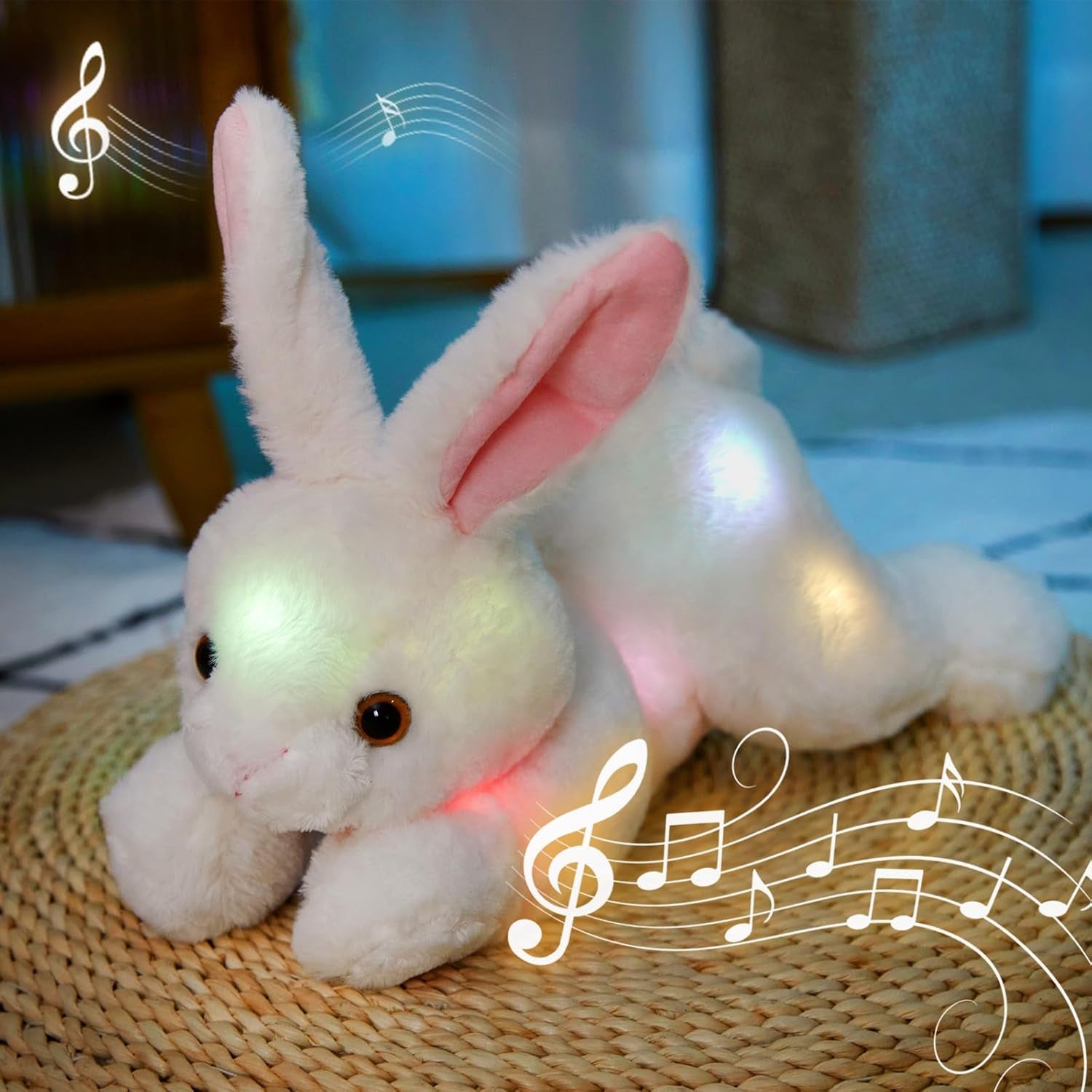 Light up Music Plush Bunny Rabbit Stuffed Animal Rabbit Plushie Toy Glow in the Dark Bedtime Companion Easter Bunny Gift for Kids, 14’’Best Gifts for Easter Day(Led & Musical)