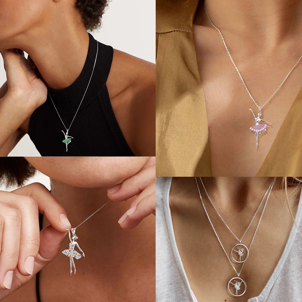 Ballerina Ballet Dancer Pendant Necklace 925 Sterling Silver Multicolor CZ Women Recital Christmas Valentine'S Day Birthday Gifts for Daughter